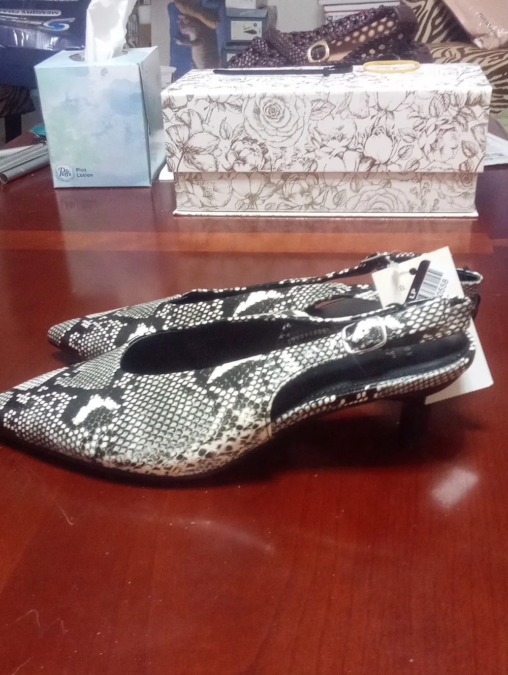 A New Day Pointed Snake-Print Slingback Flats Sz 7 1/2 NWT $40 Black & White